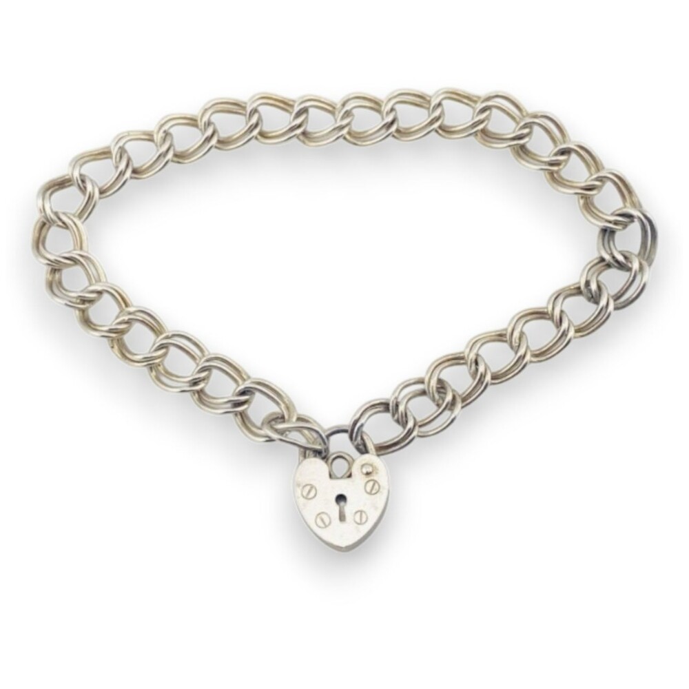 Vintage Sterling Silver Heart Padlock Bracelet Double Curb Link 6.25 Inch
